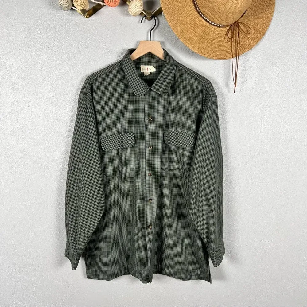 J.Crew Oarsman VTG Men L Y2K Grunge Gingham Flannel Button Down Shirt Green/Blue
